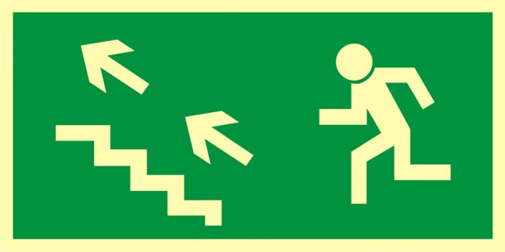 AA006 - Kierunek do wyjścia drogi ewakuacyjnej schodami w górę w lewo - znak ewakuacyjny
