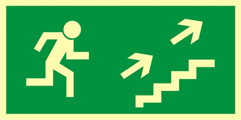 AA007 - Kierunek do wyjścia drogi ewakuacyjnej schodami w górę w prawo - znak ewakuacyjny