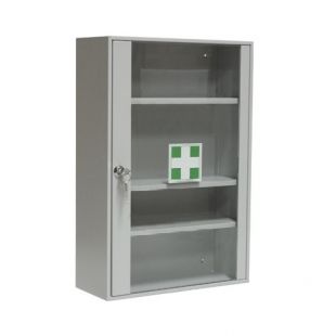 Apteczka pierwszej pomocy zakładowa przemysłowa ścienna z szybką, szkło hartowane 35x52x14 3 półki