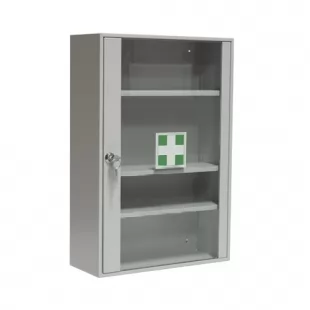 Apteczka pierwszej pomocy zakładowa przemysłowa ścienna z szybką, szkło hartowane 35x52x14 3 półki