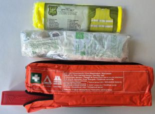 Apteczka samochodowa DIN 13164 45x14x5 + trójkąt ostrzegawczy + kamizelka odblaskowa