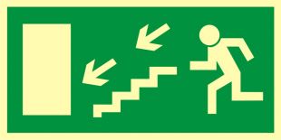 Kierunek do wyjścia drogi ewakuacyjnej schodami w dół w lewo - znak ewakuacyjny - AC021