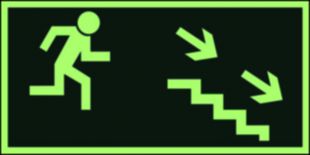 Kierunek do wyjścia drogi ewakuacyjnej schodami w dół w prawo - znak ewakuacyjny - AA004