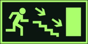 Kierunek do wyjścia drogi ewakuacyjnej schodami w dół w prawo - znak ewakuacyjny - AC020