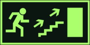 Kierunek do wyjścia drogi ewakuacyjnej schodami w górę w prawo - znak ewakuacyjny - AC023