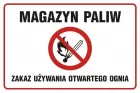Magazyn paliw. Zakaz używania otwartego ognia - znak zakazujący, informujący - NC009