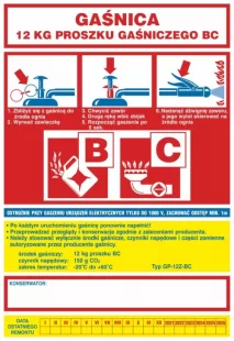 Naklejka, etykieta na gaśnicę 12 kg proszku gaśniczego BC