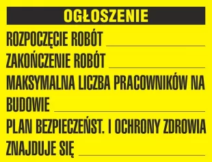 Ogłoszenie tablica budowlnana w formacie 65 x 49,5 cm