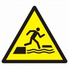 Ostrzeżenie przed wpadnięciem do wody wchodząc na ruchomą platformę - znak bhp ostrzegający