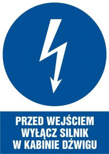 Przed wejściem wyłącz silnik w kabinie dźwigu - znak elektryczny
