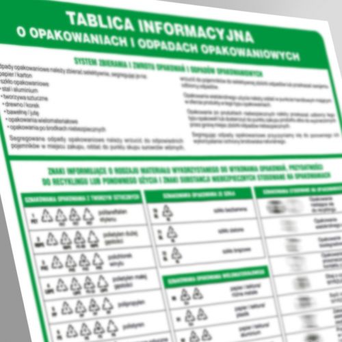 Tablica informacyjna o opakowaniach i odpadach opakowaniowych - segregacja śmieci - PA090 - Informacja o opakowaniach i odpadach opakowaniowych