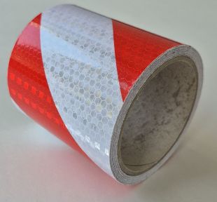 Taśma odblaskowa samoprzylepna mikropryzmatyczna, biało-czerwona ukośne pasy LEWA/PRAWA
