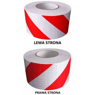 Taśma odblaskowa samoprzylepna mikropryzmatyczna, biało-czerwona ukośne pasy LEWA/PRAWA