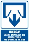 Uwaga! Drzwi zamykają się samoczynnie. Nie zamykaj na siłę (drzwi dwuskrzydłowe) - znak informacyjny - RB011