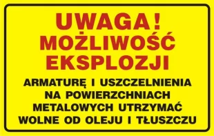 Uwaga! Możliwość eksplozji. Armaturę i uszczelnienia na powierzchniach met.utrzymywać wolne od oleju i tłuszczu - tabliczka gazowa - JD022