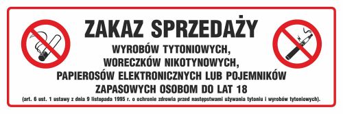 Zakaz sprzedaży wyrobów tytoniowych i papierosów elektronicznych osobom do lat 18 - znak zakazujący, informujący - NE031 - Zakaz sprzedaży wyrobów tytoniowych – oznakowanie