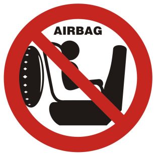 Zakaz wożenia dziecka w foteliku na przednim siedzeniu. Samochód posiada poduszkę powietrzną - znak, naklejka samochodowa - SC001
