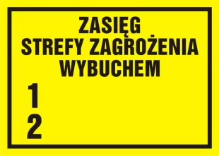 Zasięg strefy zagrożenia wybuchem 1, 2 - znak ostrzegający, informujący - NC014