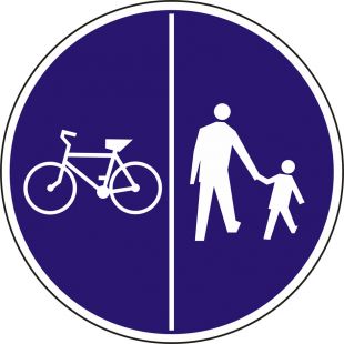 Znak C-13/16 - pionowo - Znak wskazujący ruch rowerów lewą stroną drogi i ruch pieszych prawą stroną drogi - drogowy nakazu