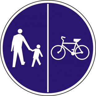 Znak C-16/13 - pionowo - Znak wskazujący ruch pieszych lewą stroną drogi i ruch rowerów prawą stroną drogi - drogowy nakazu