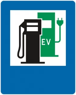 Znak D-23b Stacja paliw z punktem ładowania pojazdów elektrycznych - drogowy informacyjny