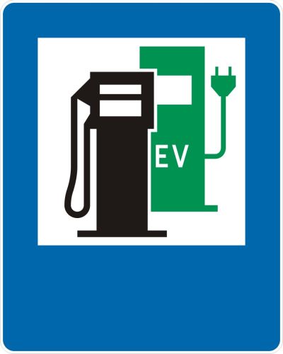 Znak D-23b Stacja paliw z punktem ładowania pojazdów elektrycznych - drogowy informacyjny - Znaki stacji paliw i punktów ładowania – znaki informacyjne D-23, D-23a, D-23b, D-23c