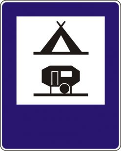 Znak D-31 Obozowisko obóz kemping wyposażone w podłączenia elektryczne do przyczep - drogowy informacyjny