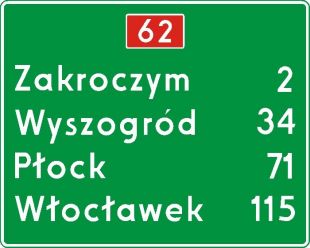 Znak E-14 Znak numeru drogi i odległości od miejscowości - drogowy kierunku miejscowości