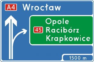 Znak E-1a Tablica przeddrogowskazowa na autostradzie - drogowy kierunku miejscowości