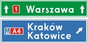 Znak E-2f Drogowskaz tablicowy umieszczany obok jezdni przed wjazdem na autostradę - drogowy kierunku miejscowości