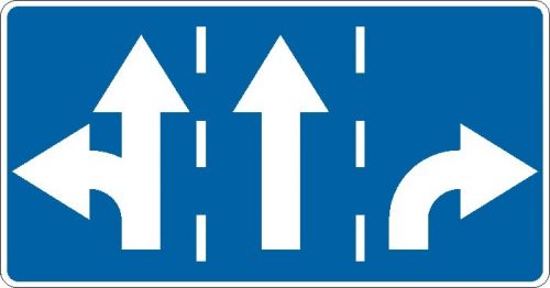 Znak F-10 Dozwolone kierunki ruchu określone na znaku - drogowy uzupełniający - Dozwolone kierunki na pasach ruchu