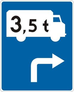 Znak F-12 Kierunek przejazdu pojazdu tranzytowego określony na znaku - drogowy uzupełniający