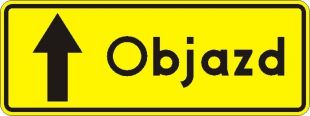 Znak F-9 Kierunek ruchu objazdu opisany na znaku - drogowy uzupełniający