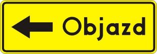 Znak F-9a Kierunek ruchu objazdu opisany na znaku - drogowy uzupełniający