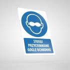 Znak podłogowy, naklejka BHP z opisem - Nakaz stosowania przyciemnianych gogli okularów ochronnych
