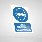 Znak podłogowy, naklejka BHP z opisem - Nakaz stosowania przyciemnianych gogli okularów ochronnych