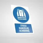Znak podłogowy, naklejka BHP z opisem - Stosuj kamizelkę ochronną