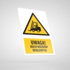 Znak podłogowy, naklejka BHP z opisem - Uwaga! Ruch wózków widłowych