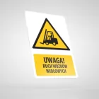 Znak podłogowy, naklejka BHP z opisem - Uwaga! Ruch wózków widłowych