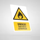 Znak podłogowy, naklejka BHP z opisem - Uwaga! Substancje łatwopalne