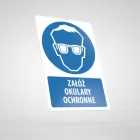 Znak podłogowy, naklejka BHP z opisem - Załóż okulary ochronne